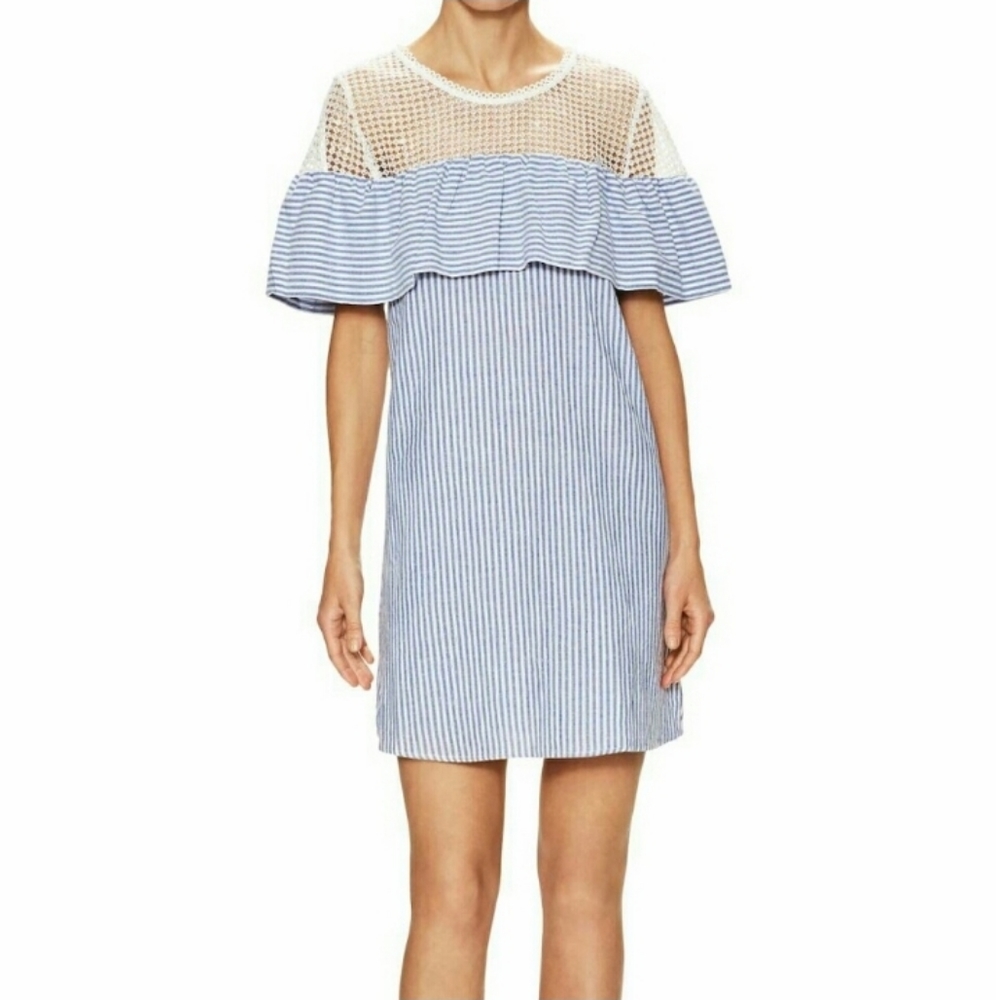 FIRTH Eyelet Lace Ruffle Pin Stripe Print Shift Dress Small